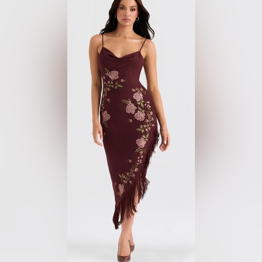 House of CB Eloisa Wine Embroidered Midi Dress NWT